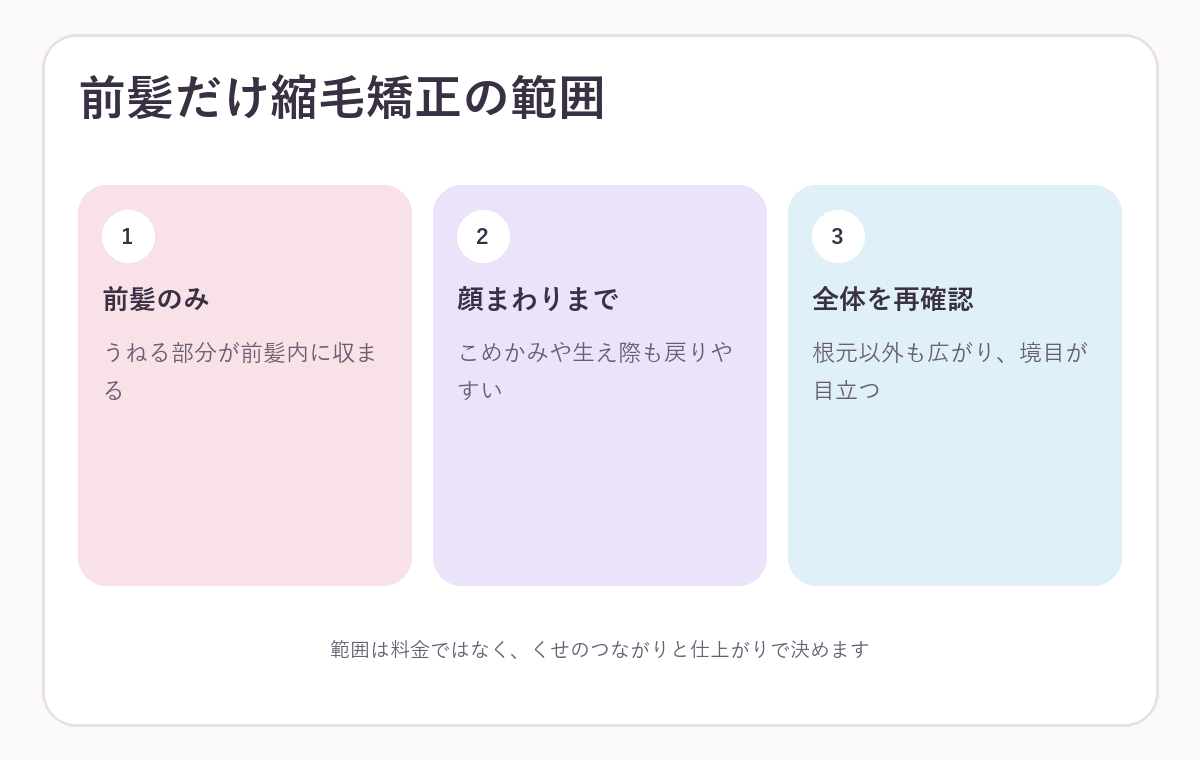 前髪縮毛矯正の施術範囲を選ぶ図解