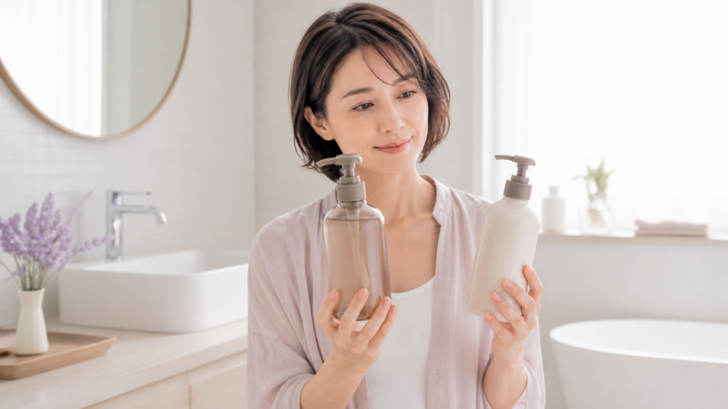 シャンプーとトリートメントを見比べる女性。両方使い購入時はシャンプーを優先する考え方