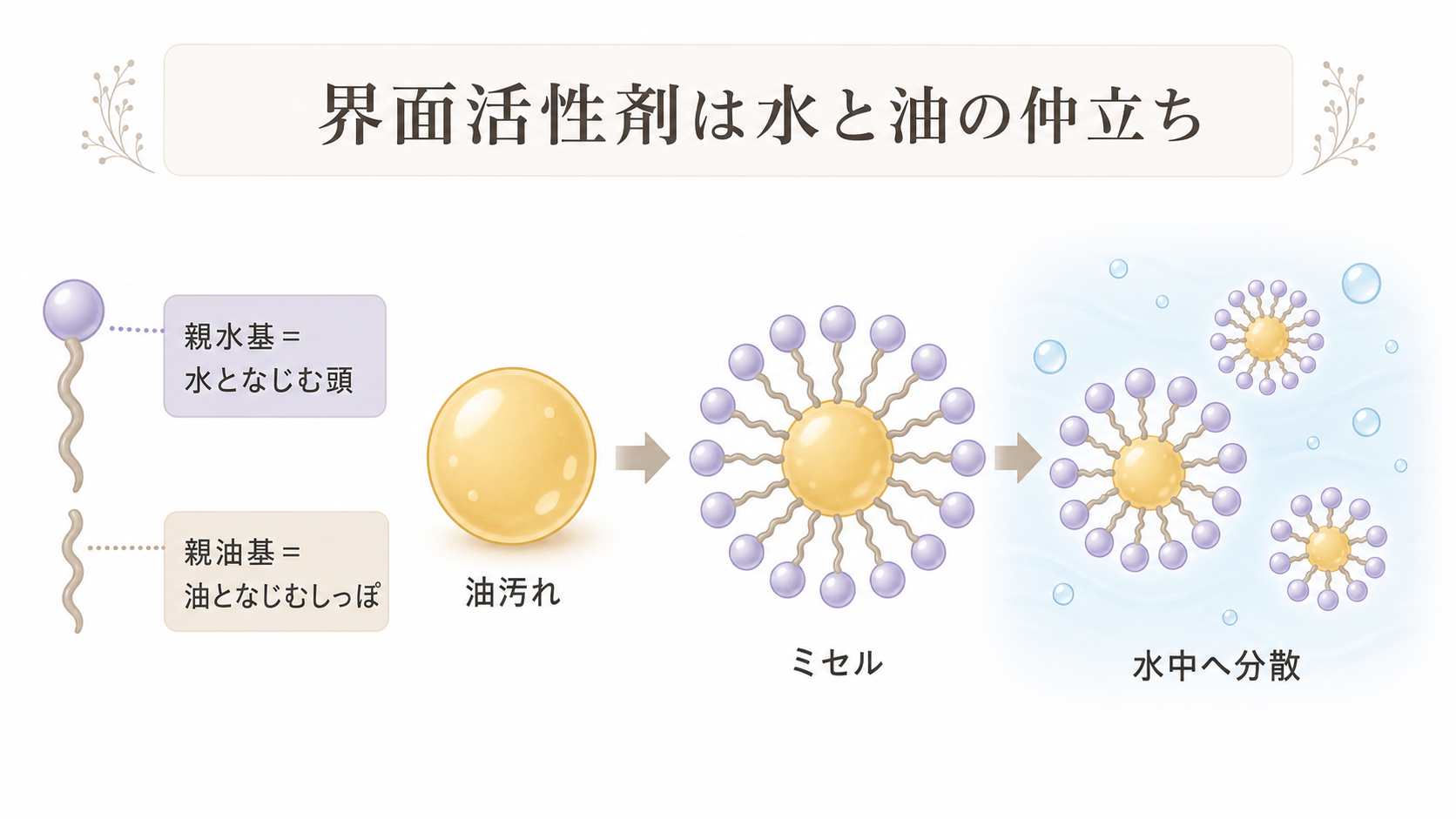 界面活性剤の親水基と親油基、油汚れを囲むミセルの仕組み
