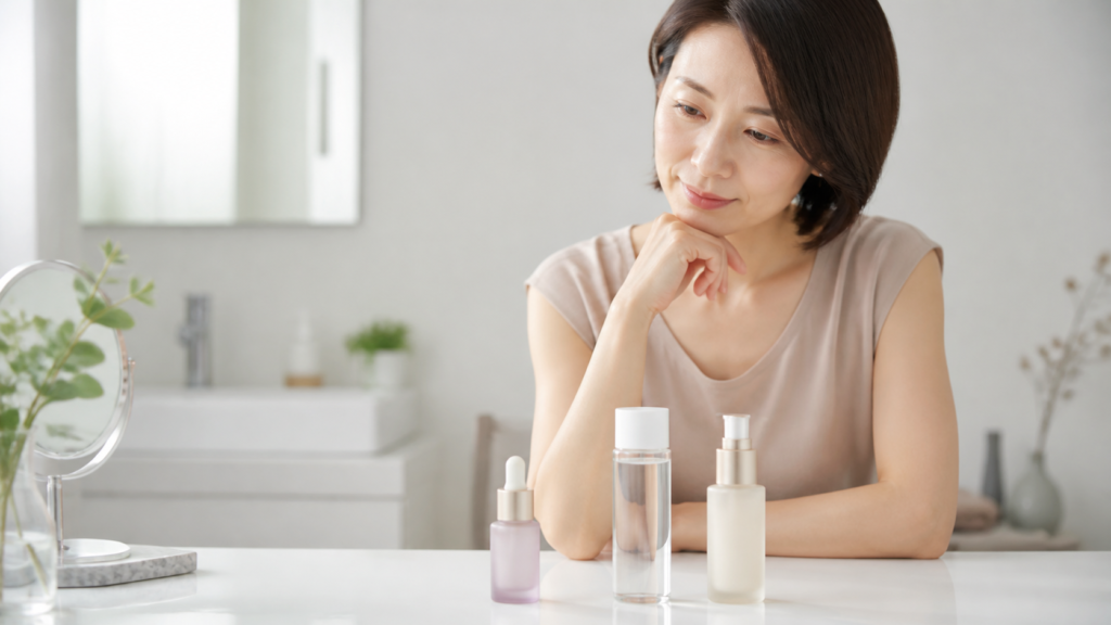 導入液・化粧水・美容液を前に必要か考える女性