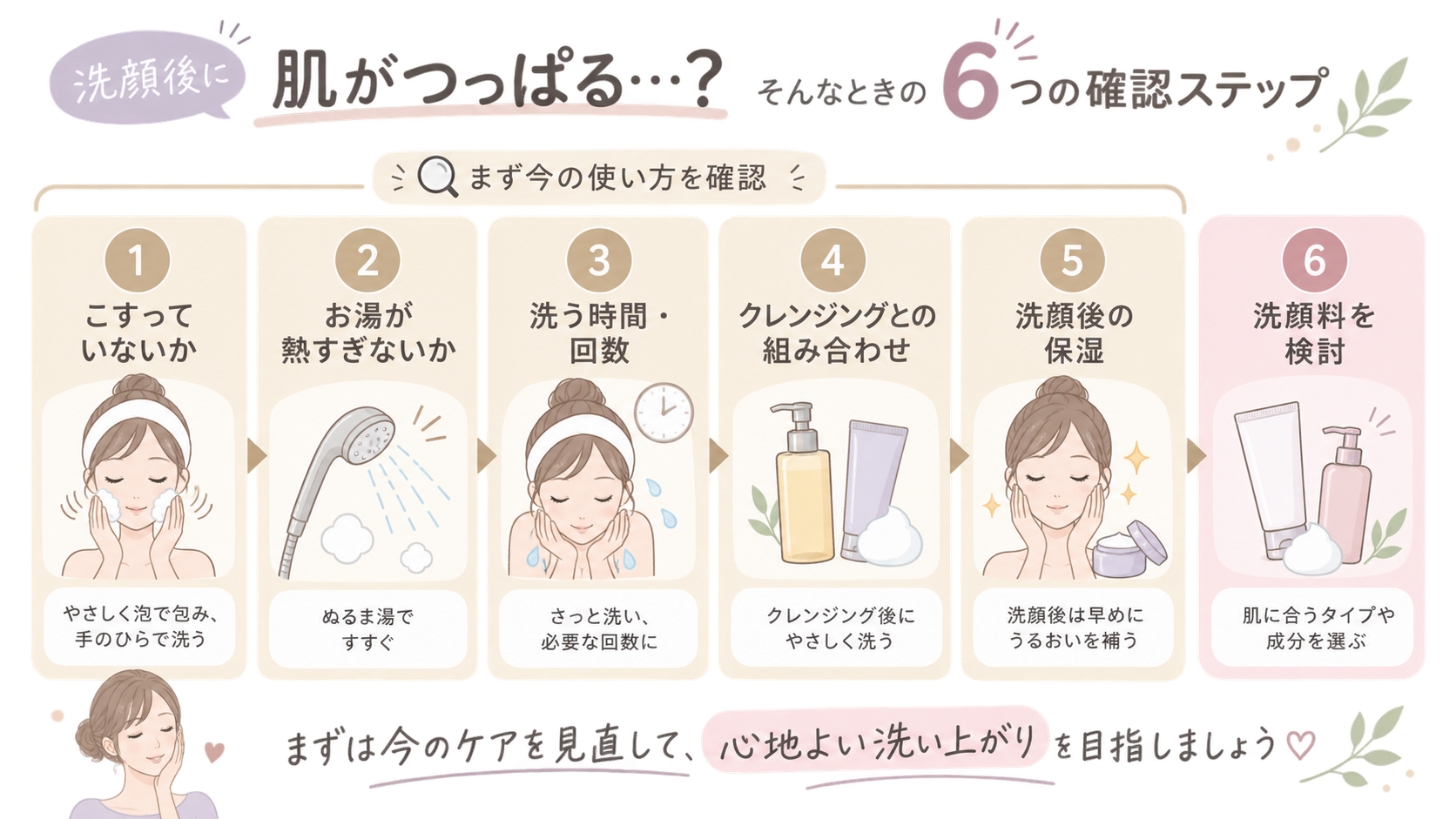 洗顔後のつっぱりを見直す6つのステップを示した図解