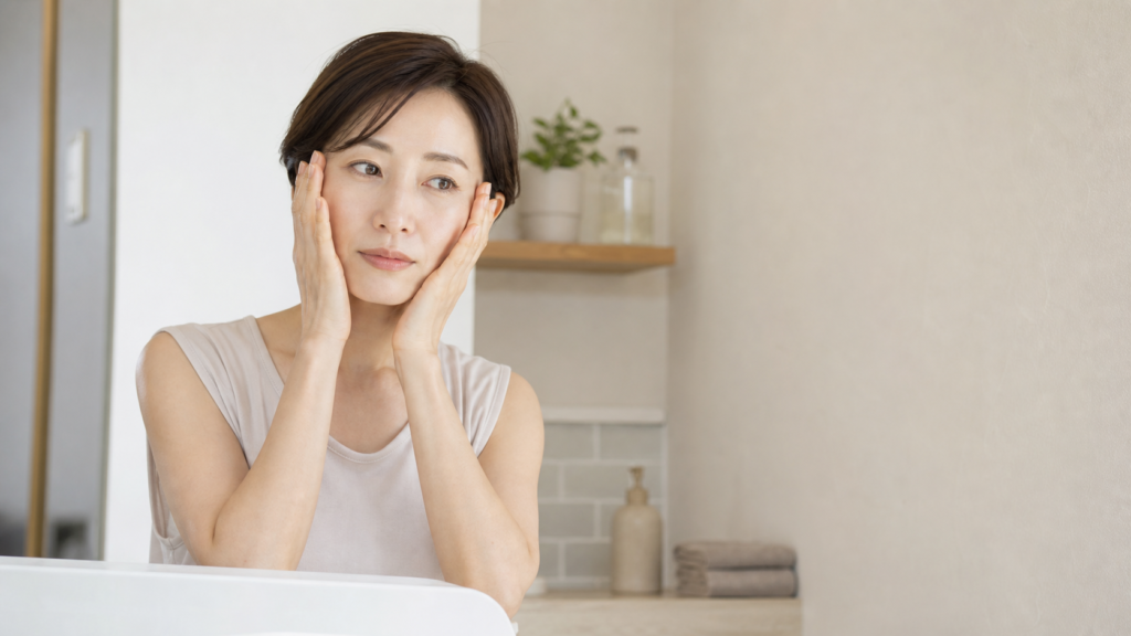 洗顔後に頬の状態を確かめる女性