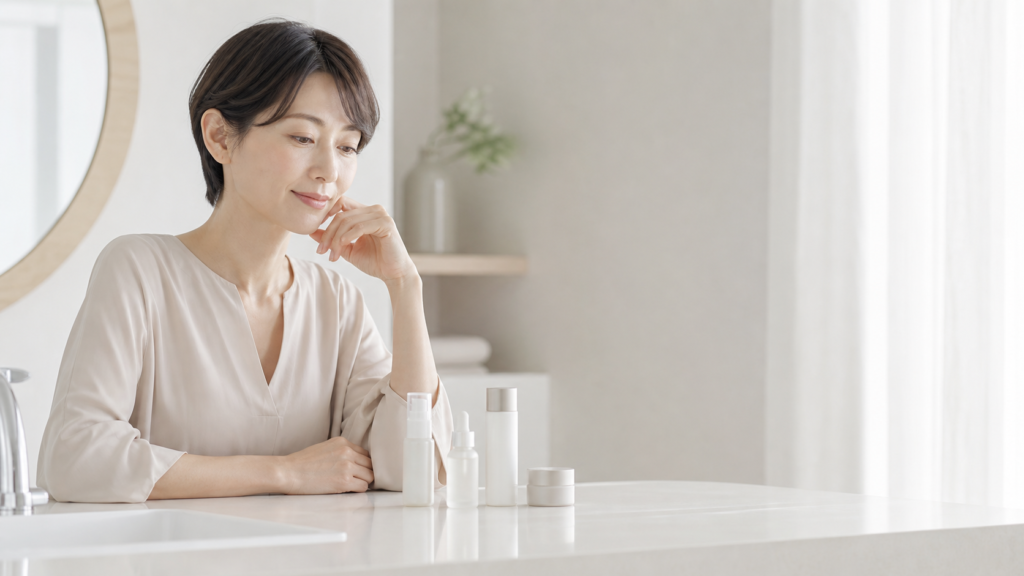 肌のケアについて考える30〜40代の女性と、洗面台に並んだ少数の基礎化粧品