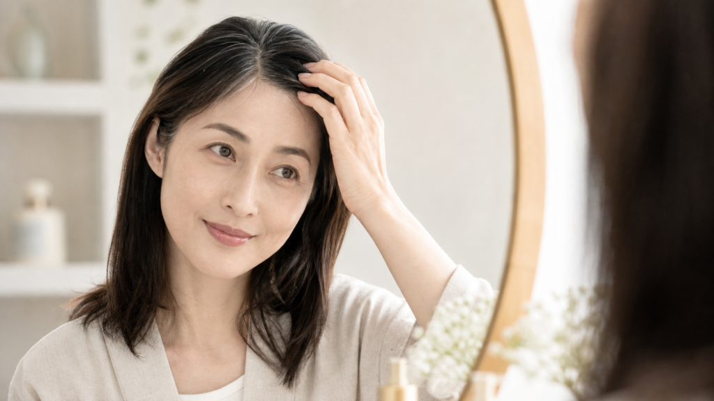 根元の色が変わって見える白髪を鏡で確認する女性