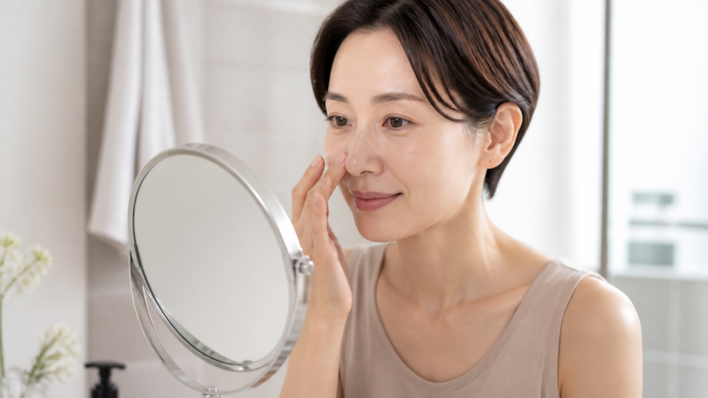 鏡で鼻の黒いポツポツや毛穴を確認する女性