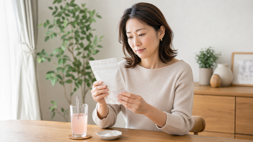 コラーゲンサプリの表示を確認しながら選ぶ女性