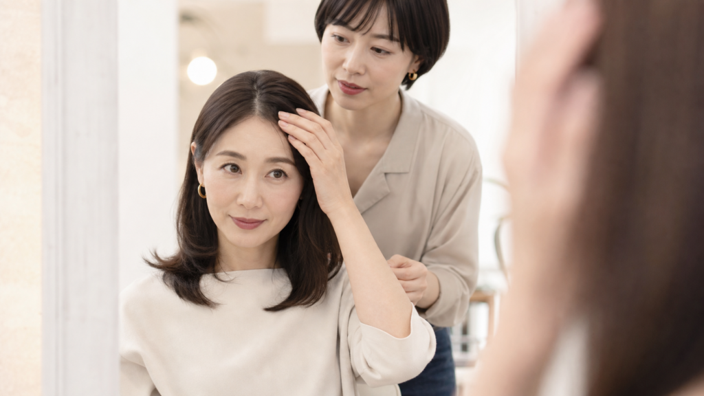 コラーゲンと頭皮や髪の関係について美容師に相談する女性