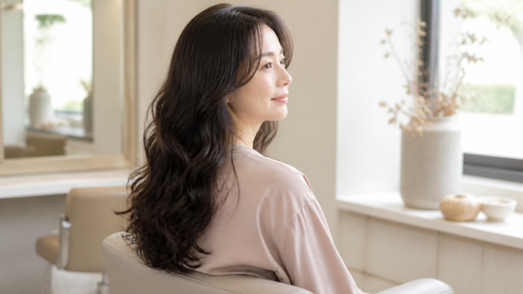 くせ毛を自然なウェーブとして活かした女性のヘアスタイル