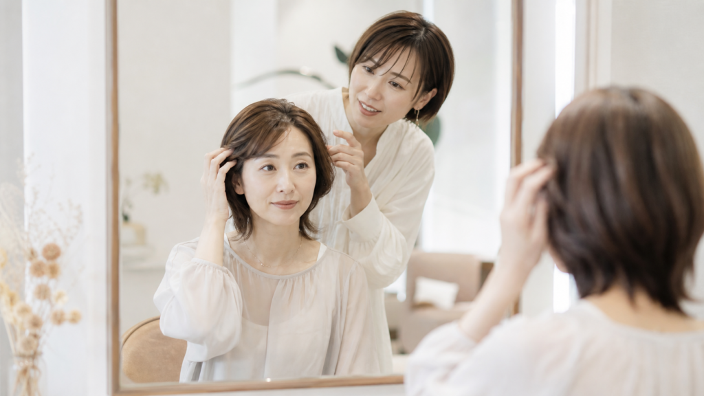 美容室でカットの軽さについて美容師と相談する女性