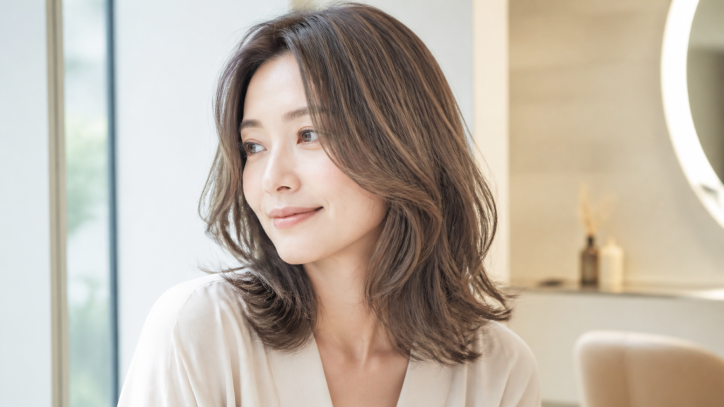 ブリーチなしグレージュについて解説する女性のヘアカラー