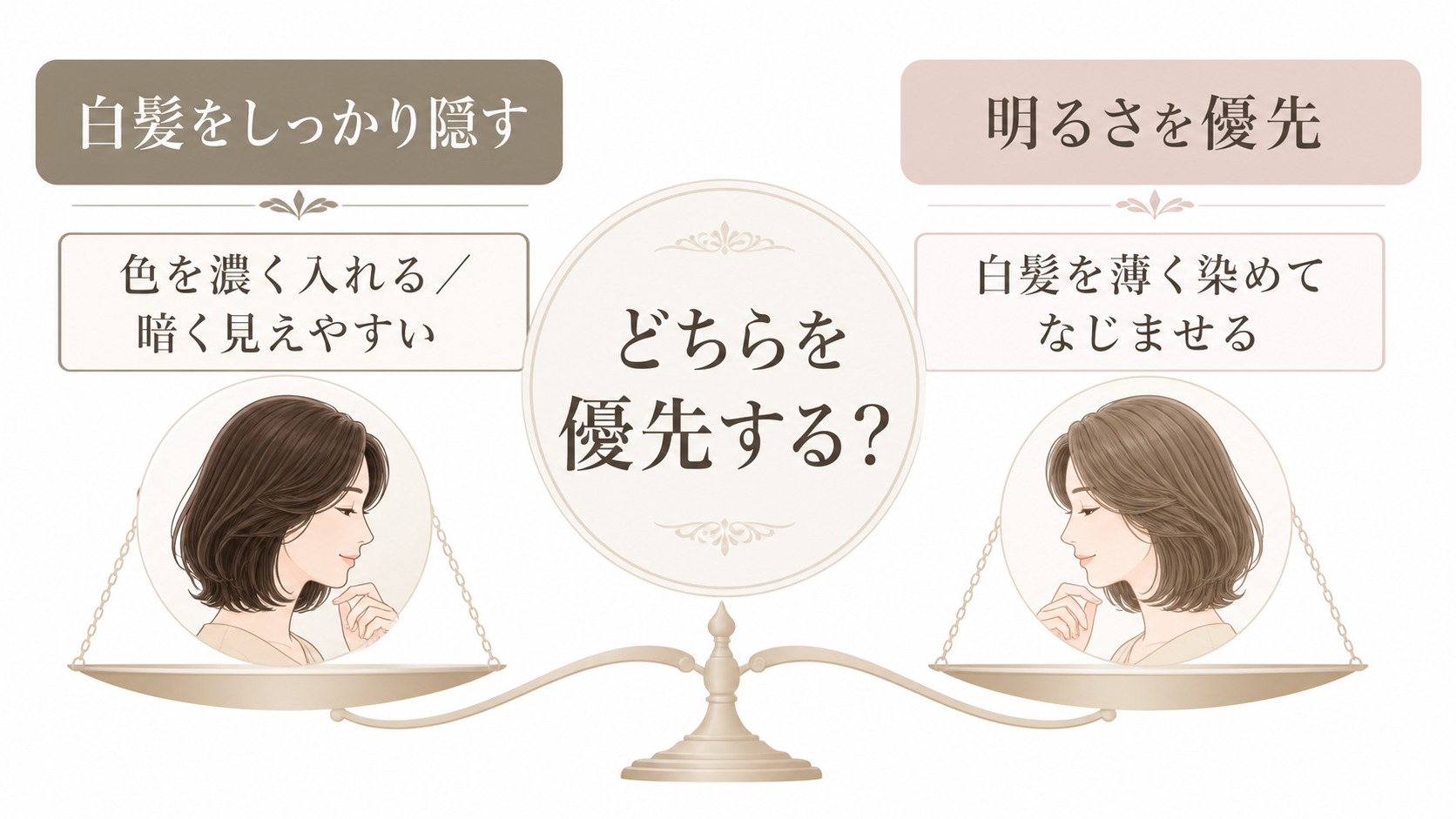 白髪のカバー力と髪の明るさの関係を示した図解