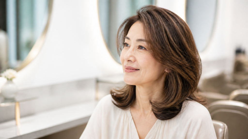 明るい白髪染めで自然なベージュブラウンに仕上げた女性