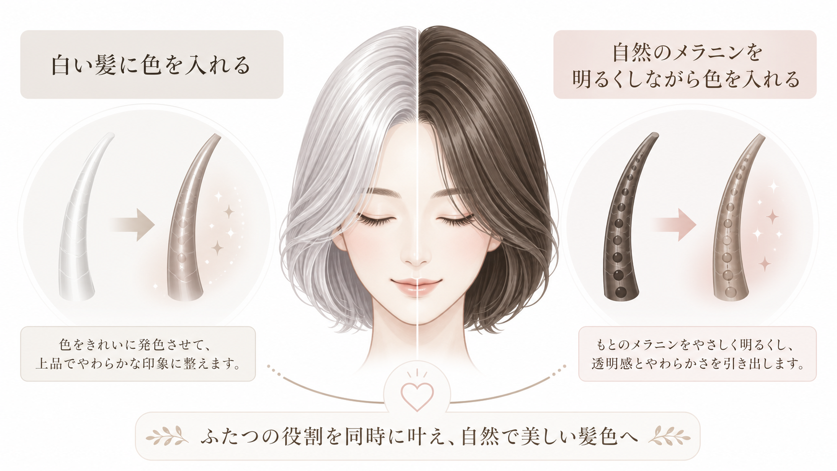 白髪と黒髪でヘアカラーの役割が異なることを示した図解