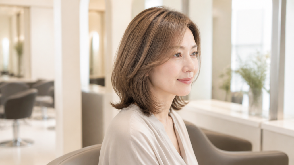 ブリーチハイライトで白髪を自然になじませた女性のヘアスタイル