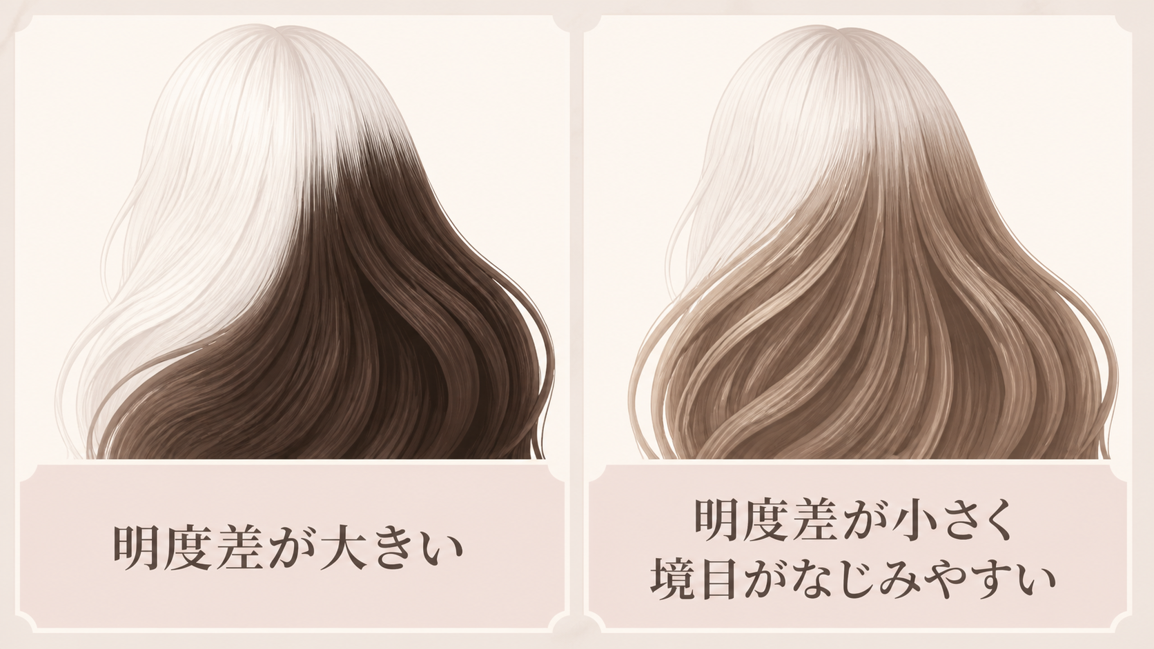 暗い白髪染めと白髪ぼかしの根元の見え方を比較した図解