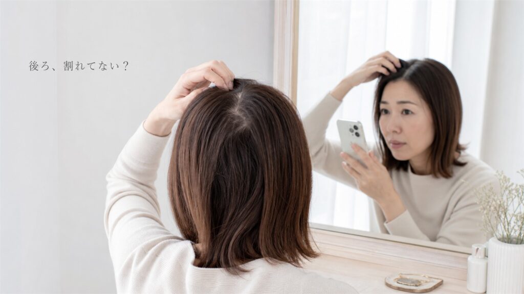 後頭部のぱっくり割れを鏡で確認する女性
