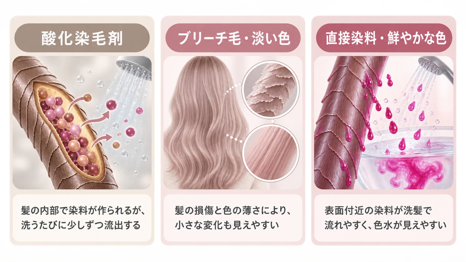 カラーの種類と髪の状態による色落ちの違い