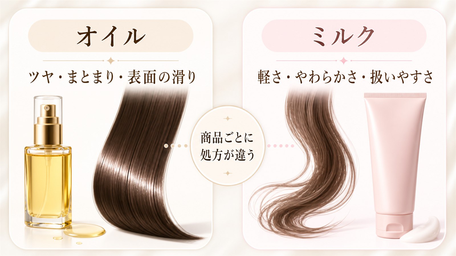 ヘアオイルとヘアミルクの仕上がりの違いを示す比較図
