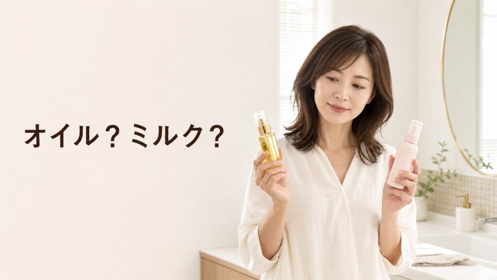 ヘアオイルとヘアミルクのどちらを使うか考える女性