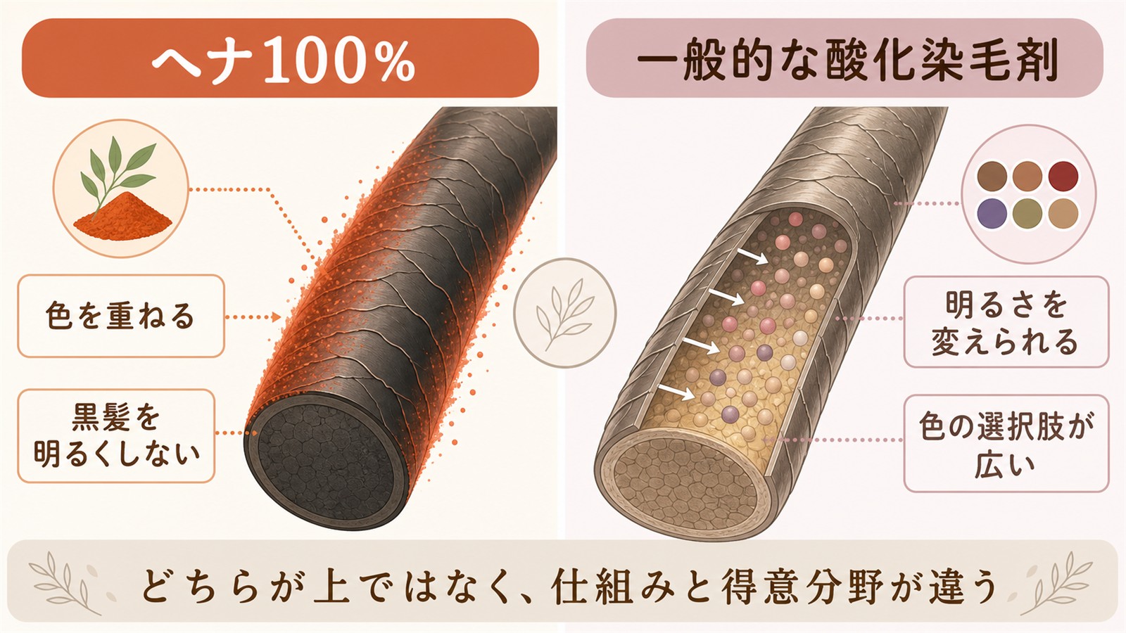 ヘナと酸化染毛剤で髪が染まる仕組みの違い