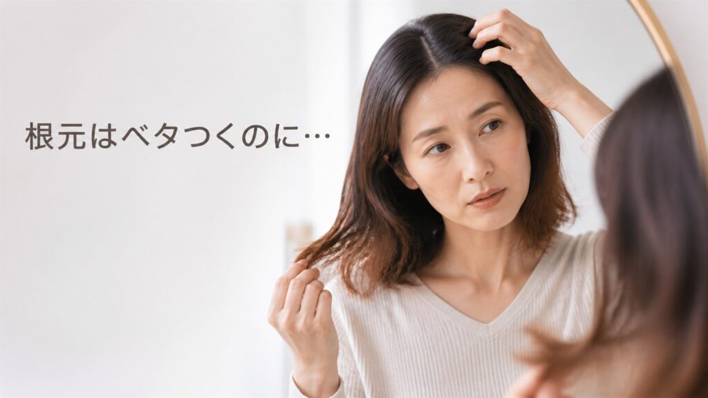 鏡の前で頭皮の根元と毛先の状態を確認する女性