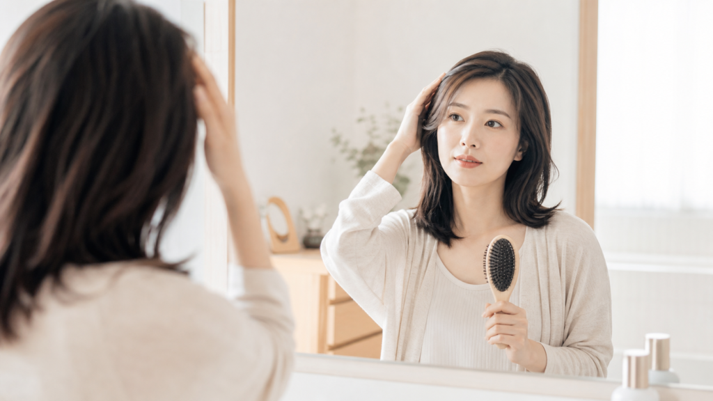 産後の抜け毛が気になり髪を整える女性