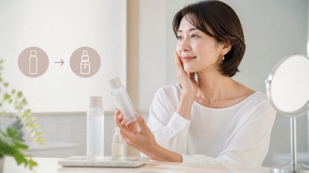 化粧水と美容液の順番を考える女性のスキンケア風景