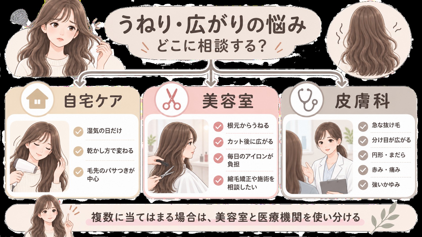髪のうねりと広がりの相談先を選ぶ目安
