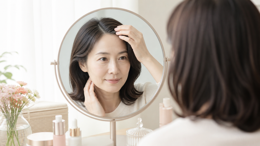 白髪を気にして鏡で髪を確認する女性